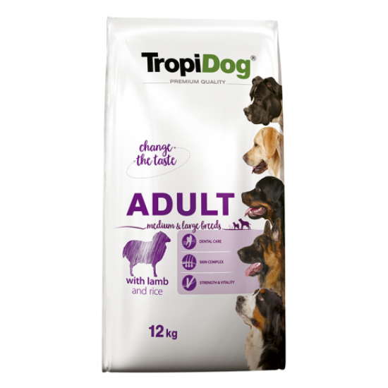 Hrana uscata pentru caini TropiDog, Premium Adult, tale medie si mare, miel & orez, 12 kg