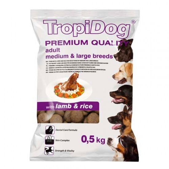 Hrana uscata pentru caini TropiDog, Premium Adult, tale medie si mare, miel & orez, 500g