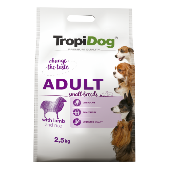 Hrana uscata pentru caini TropiDog, Premium Adult, tale mica, miel & orez, 2.5kg