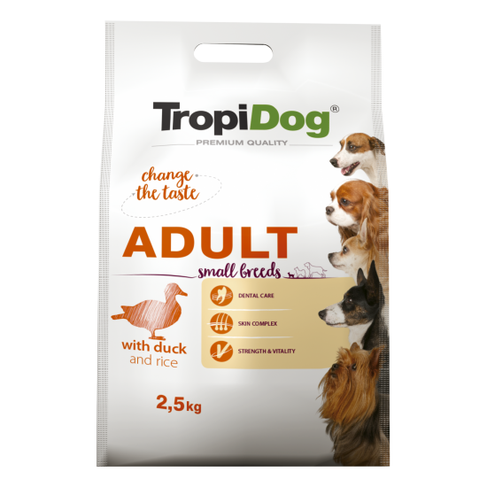 Hrana uscata pentru caini TropiDog, Premium Adult, tale mica, rata & orez, 2.5 kg