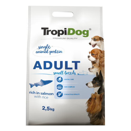 Hrana uscata pentru caini TropiDog, Premium Adult, tale mica, somon, 2.5kg