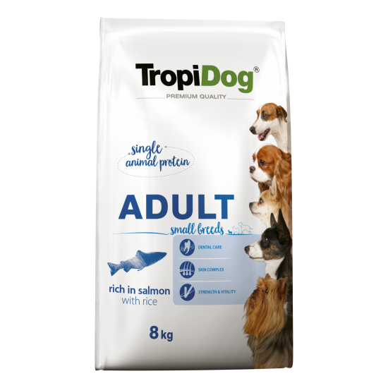 Hrana uscata pentru caini TropiDog, Premium Adult, tale mica, somon & orez, 8kg