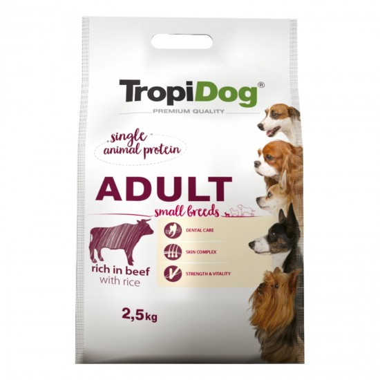 Hrana uscata pentru caini TropiDog, Premium Adult, tale mica, vita & orez, 500g