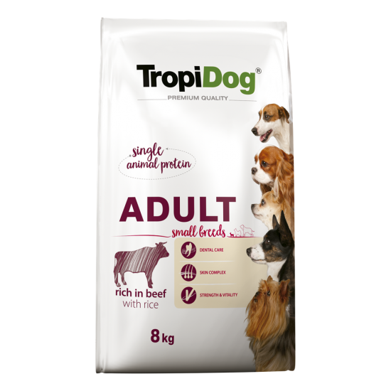 Hrana uscata pentru caini TropiDog, Premium Adult, tale mica, vita & orez, 8kg