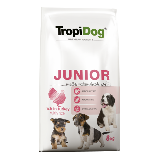 Hrana uscata pentru caini TropiDog, Premium Junior, tale mica sau medie, curcan & orez, 8kg
